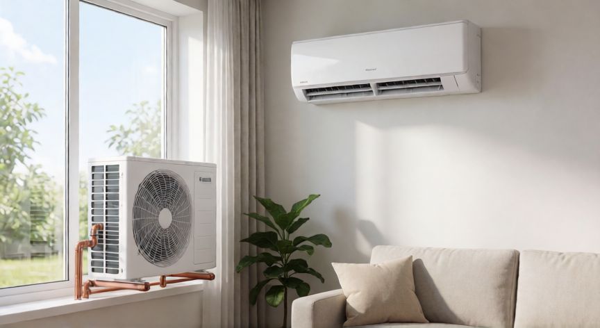 que es la tecnologia inverter, Aire acondicionado inverter instalado en una habitación luminosa con unidad exterior visible