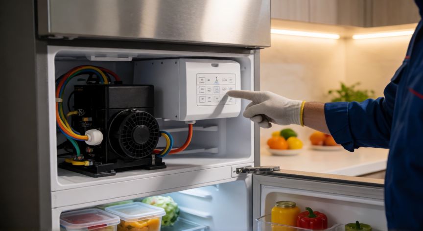 que es la tecnologia inverter, Sistema inverter de una nevera con compresor y placa de control en una cocina moderna