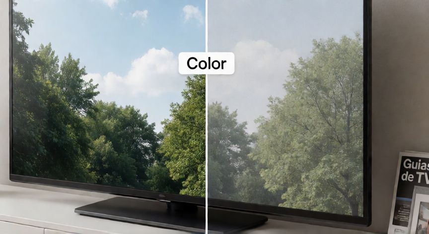 que es la tecnologia nanocell de lg, Comparación visual de pantalla LG NanoCell frente a imagen con menor fidelidad de color
