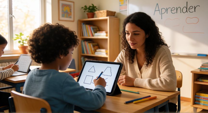 que es la tecnologia para niños, Niño usando una tableta educativa en el aula para aprender tecnología