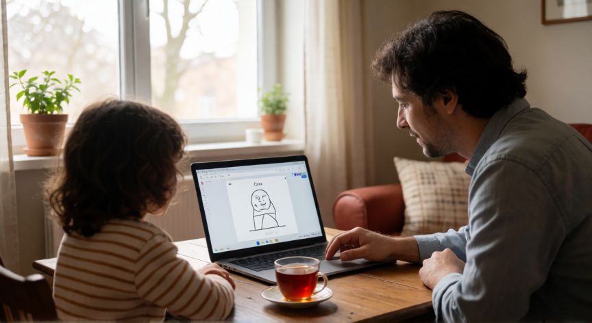 que es la tecnologia para niños, Padres y niños usando ordenador en casa para actividades creativas y digitales