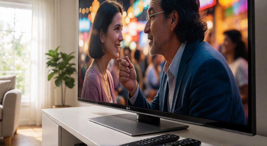 que es la tecnologia qned de lg, Televisión LG QNED en salón mostrando colores vibrantes