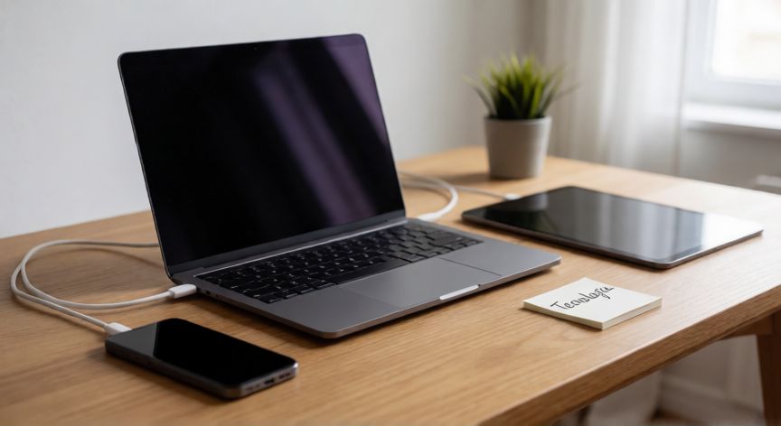 que es la tecnología resumen, Escritorio moderno con portatil, movil y tablet conectados explicando que es la tecnologia