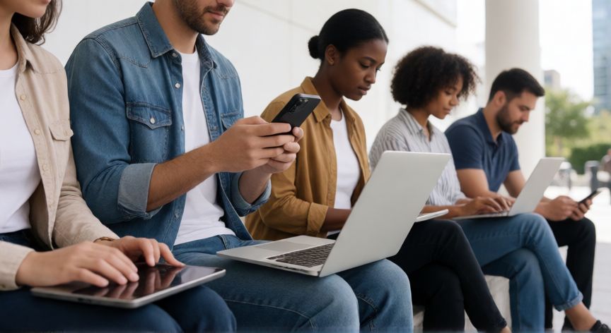 que es la tecnología resumen, Personas usando tecnologia en un espacio publico para resolver tareas cotidianas