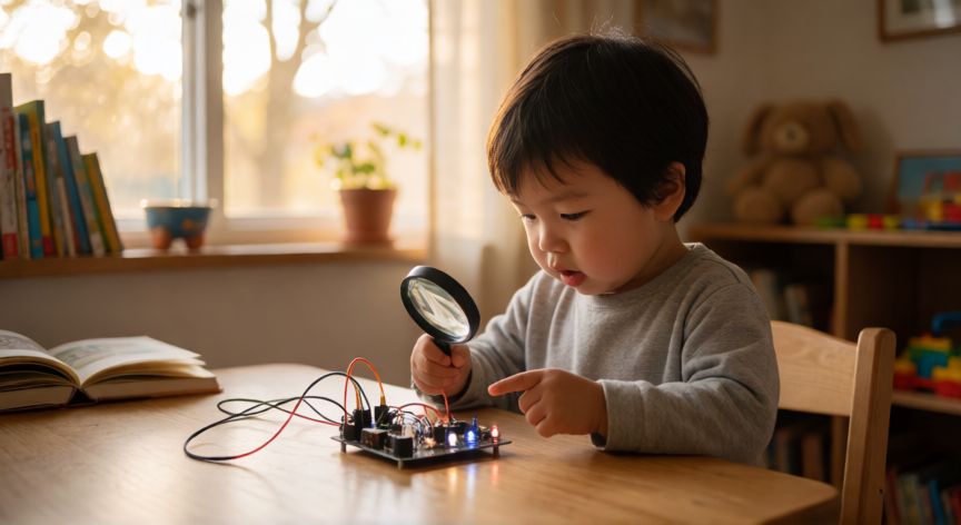 que es la tecnología resumen para niños, Niño explorador con lupa mirando una placa de circuitos LED sobre una mesa de madera