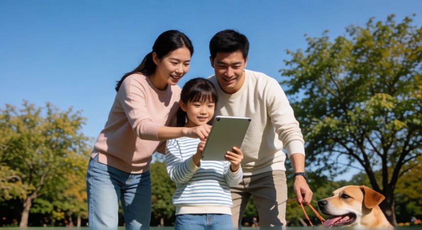 que es la tecnología resumen para niños, Familia usando una tablet en un parque con un perro al aire libre