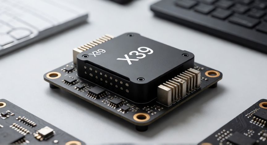 que es la tecnologia x39, Prototipo electrónico con la etiqueta X39 sobre una mesa de ingeniería