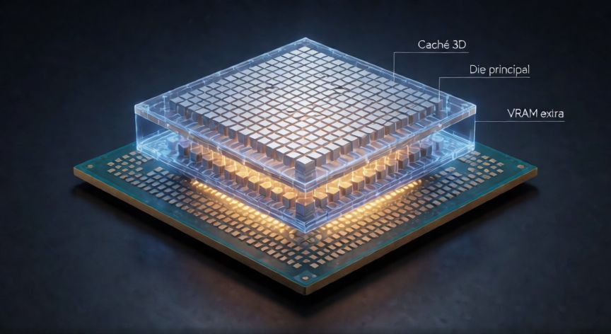 que es la tecnologia x3d, Corte transversal de un chip con tecnología X3D mostrando la memoria caché 3D apilada sobre el procesador