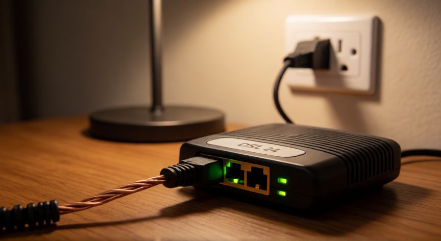 que es la tecnologia xdsl, Par de cobre de teléfono conectado a un módem DSL en un escritorio doméstico