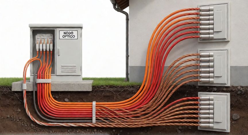 que es la tecnologia xdsl, Esquema de red FTTN con fibra hasta el nodo y par de cobre hasta los hogares
