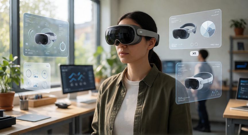 que es la tecnologia xr, Persona usando gafas de realidad mixta con paneles digitales flotantes en un taller