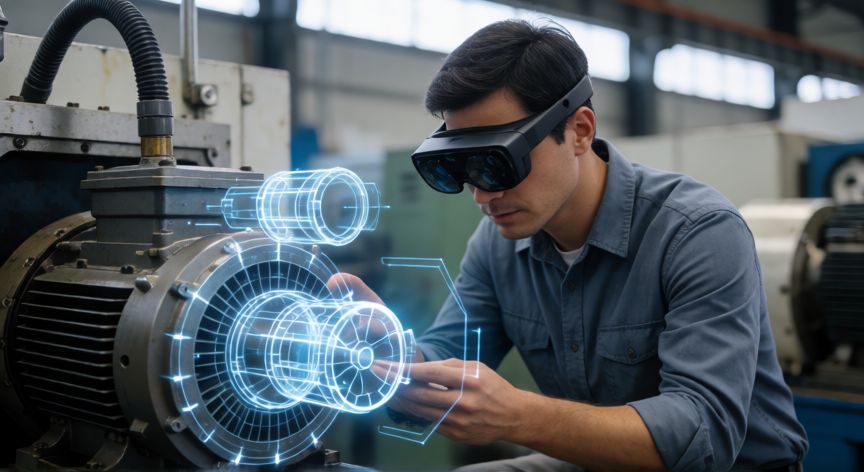 que es la tecnologia xr, Ingeniero usando realidad aumentada para revisar una máquina industrial con hologramas digitales