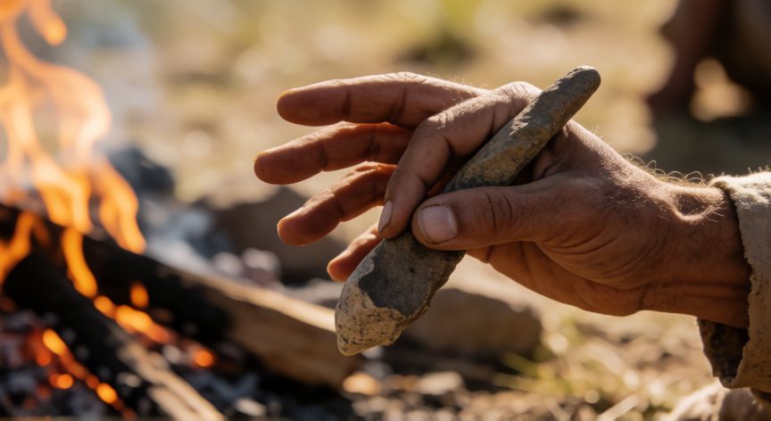 qué es la tecnología y cuándo surgió, mano humana antigua usando una herramienta de piedra junto a una fogata