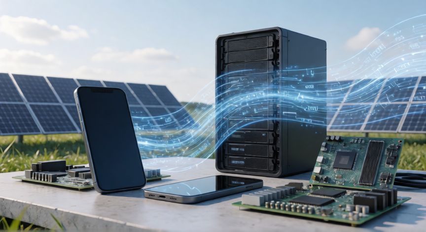 qué es la tecnología y cuándo surgió, paisaje moderno de tecnología con dispositivos, servidores y paneles solares