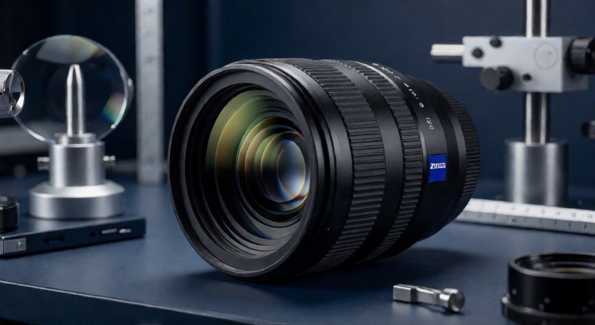 que es la tecnologia zeiss, Lente Zeiss de cámara en un taller óptico con iluminación profesional