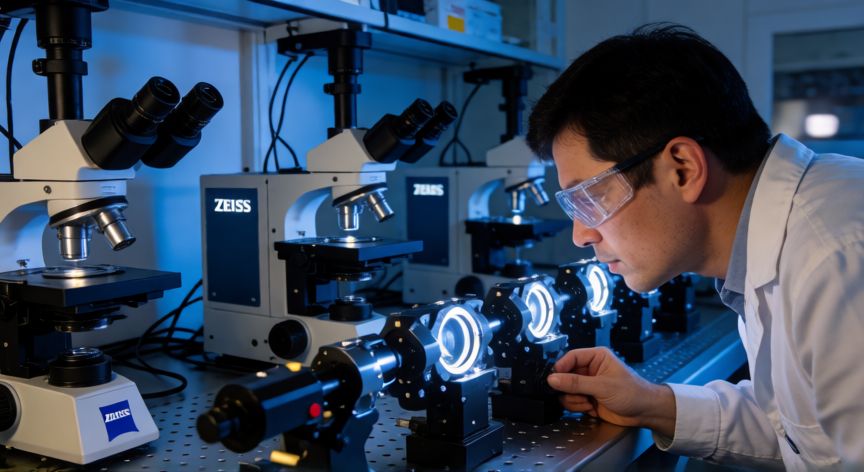 que es la tecnologia zeiss, Ingeniero inspeccionando un sistema óptico Zeiss en laboratorio de precisión