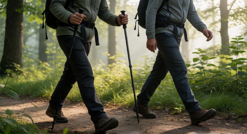 qué es mejor andar con bastones o sin ellos, Comparación de caminantes con y sin bastones en un sendero forestal