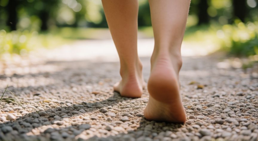 qué es mejor andar con bastones o sin ellos, Detalle de pies caminando en un camino de grava sin apoyo de bastones
