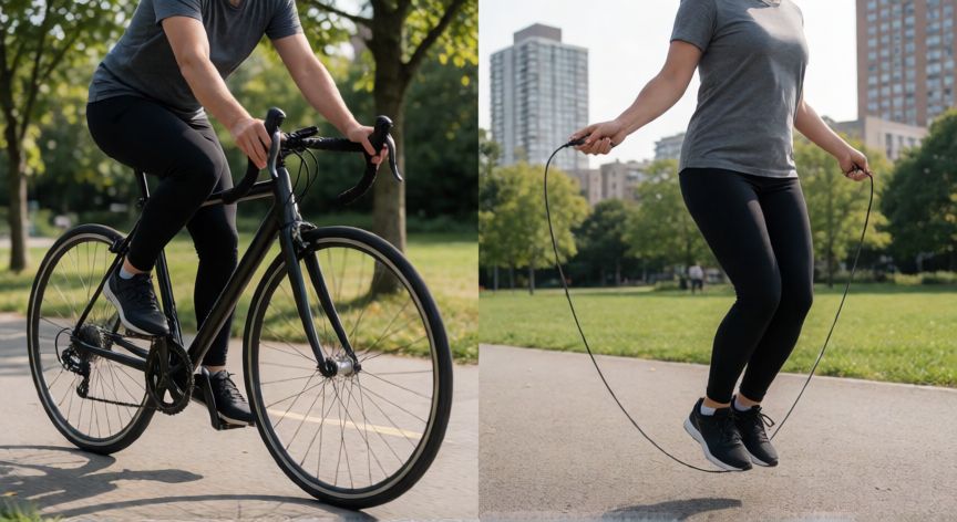 que es mejor andar en bici o saltar la cuerda, Persona montando en bicicleta y otra saltando la cuerda al aire libre