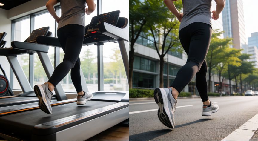 que es mejor andar en cinta o en la calle, Comparativa visual de correr en cinta de gimnasio y en la calle urbana