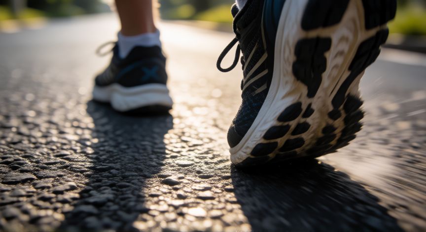 que es mejor andar en cinta o en la calle, Detalle de zapatillas de correr impactando el asfalto en una calle urbana al sol