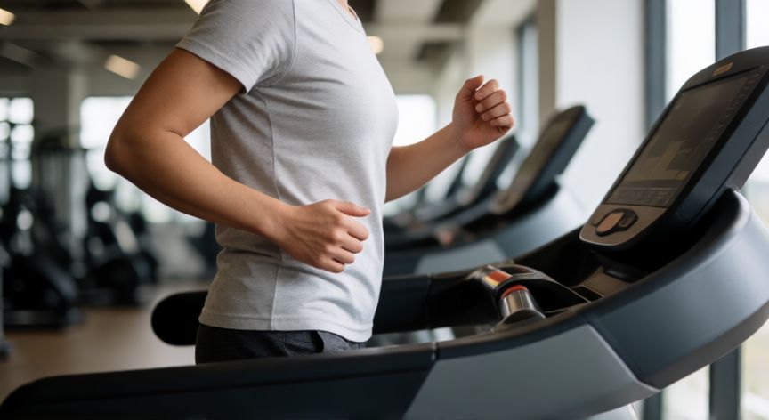 que es mejor andar o correr en la cinta, Persona caminando rápido en una cinta de correr en un gimnasio moderno
