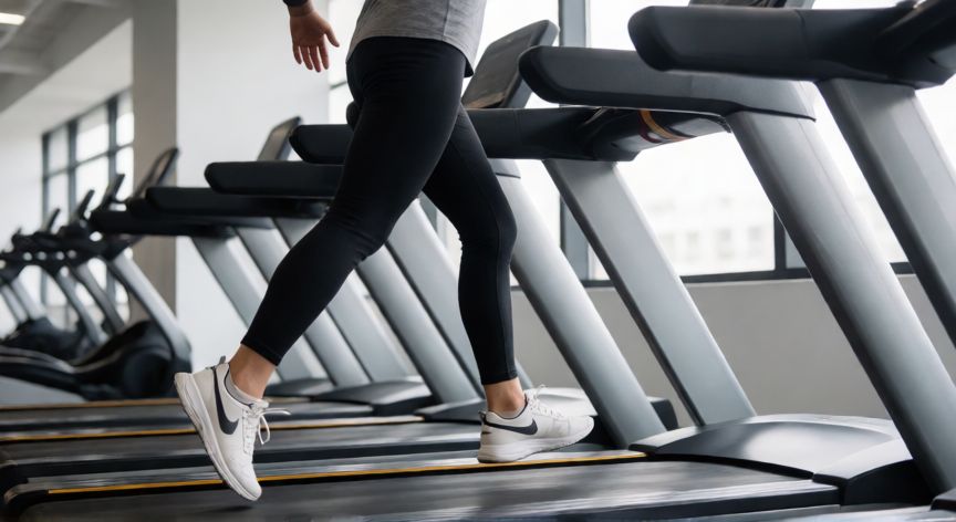 que es mejor andar o correr en la cinta, Persona trotando suavemente en una cinta de correr con esfuerzo moderado