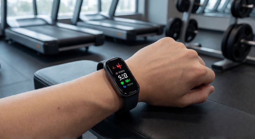 que es mejor andar o gimnasio, Smartwatch mostrando métricas de salud durante una sesión en el gimnasio