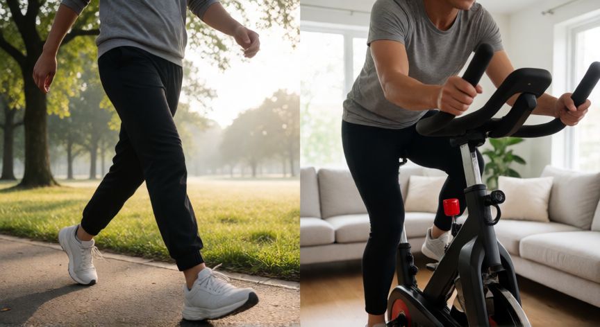 que es mejor andar o hacer bicicleta estática, Comparación visual entre una persona caminando en el parque y otra usando bicicleta estática en casa