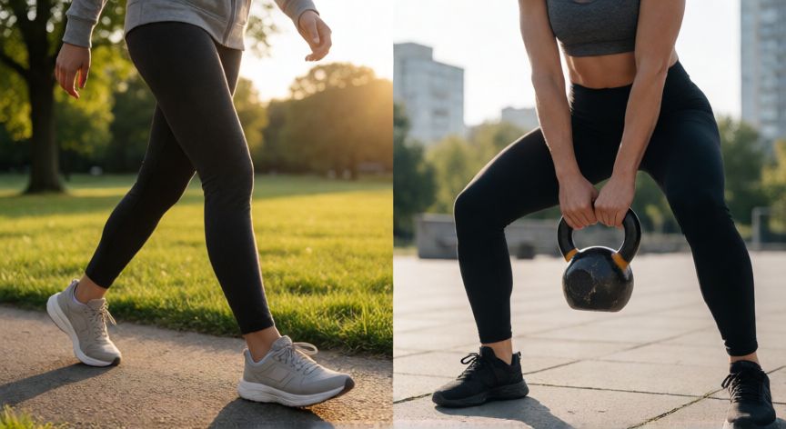 que es mejor andar o hacer ejercicio, Comparativa visual entre caminar por un parque y hacer ejercicio intenso con pesas