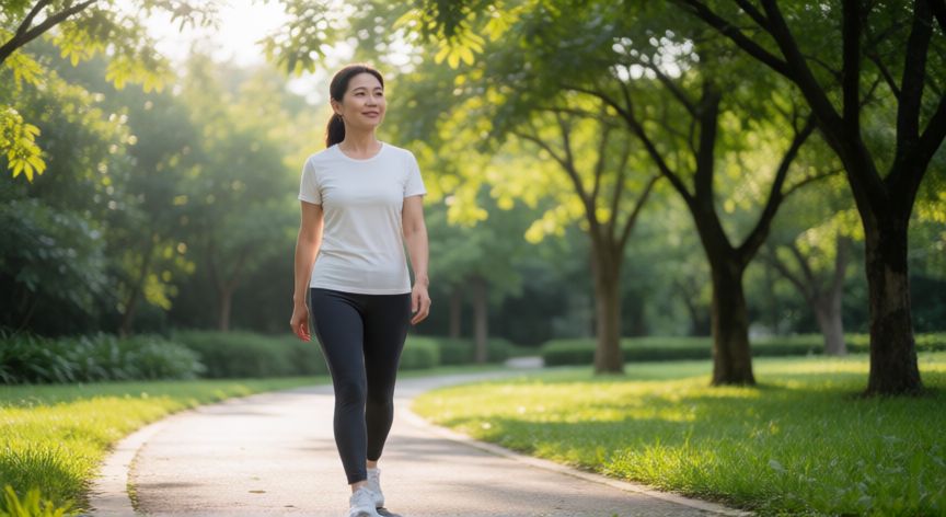 ¿qué es mejor andar o hacer ejercicios de fuerza, Mujer caminando por un parque con luz de mañana