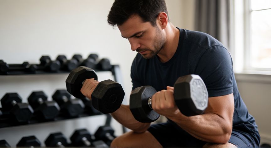 ¿qué es mejor andar o hacer ejercicios de fuerza, Hombre haciendo ejercicio de fuerza con mancuernas en casa