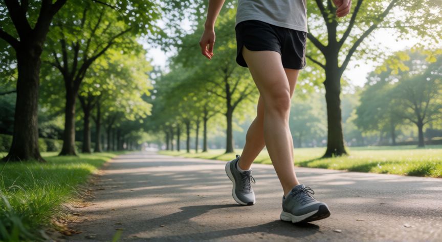 que es mejor andar o hacer eliptica, Persona caminando por un parque arbolado con luz de mañana