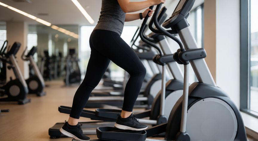 que es mejor andar o hacer eliptica, Persona usando una elíptica en un gimnasio moderno