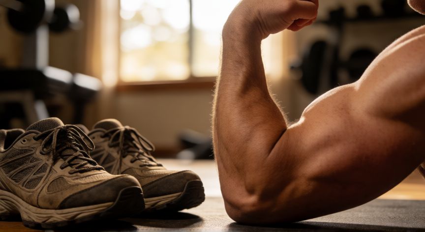 que es mejor andar o hacer pesas, Detalle de brazo musculoso junto a zapatillas de caminar en un entorno doméstico
