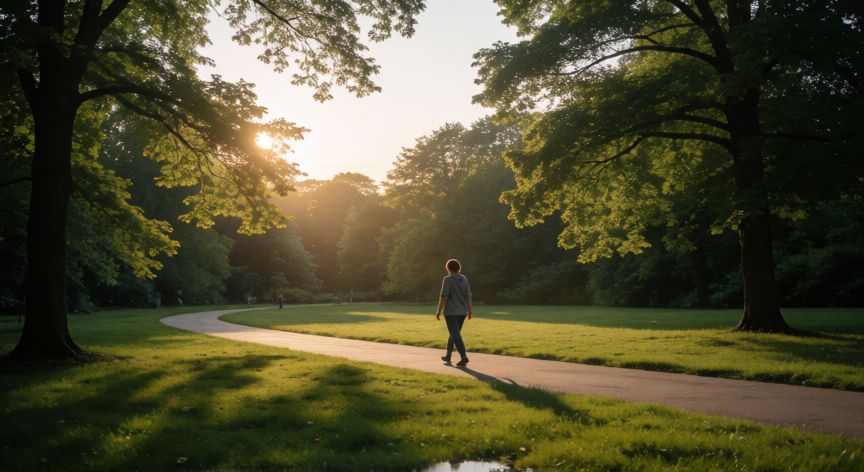 que es mejor andar o hacer pilates, Persona caminando por un parque tranquilo al atardecer