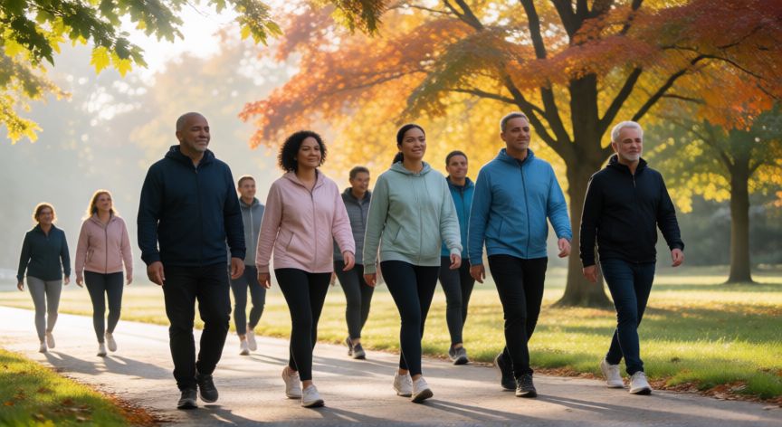 que es mejor andar o hacer sentadillas, Personas caminando por un parque con follaje de otoño al amanecer