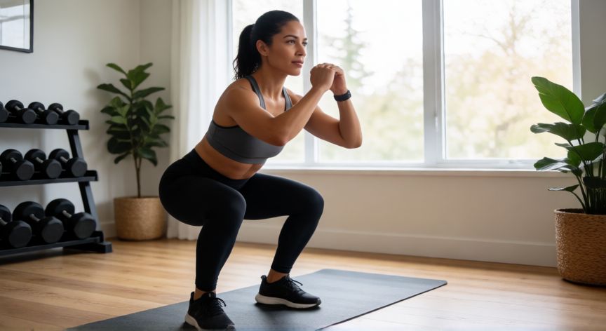 que es mejor andar o hacer sentadillas, Mujer realizando sentadillas con buena técnica en un gimnasio casero luminoso