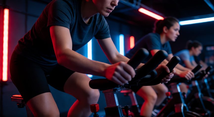 que es mejor andar o hacer spinning, Entrenador haciendo spinning en un estudio con luces de neón