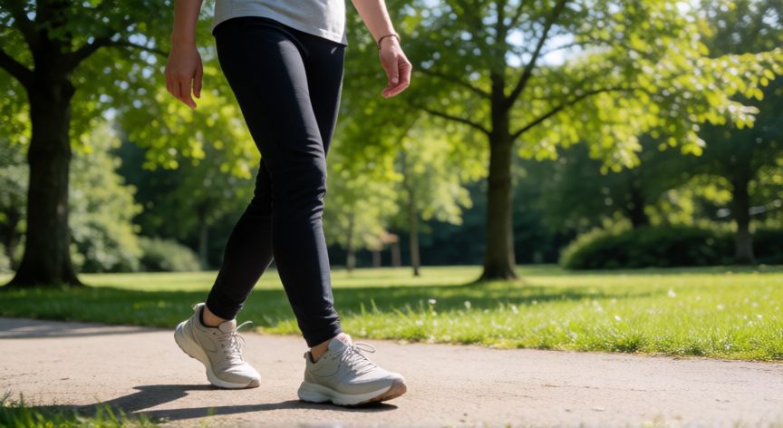 que es mejor andar o ir al gimnasio, Persona caminando por un parque soleado disfrutando de la naturaleza