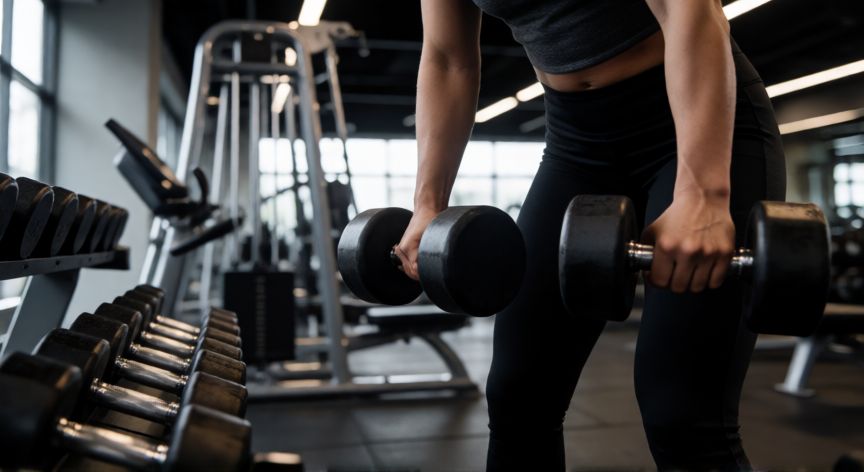 que es mejor andar o ir al gimnasio, Entrenador realizando ejercicio de fuerza con mancuernas en un gimnasio moderno