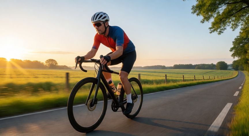 qué es mejor andar o la bicicleta, Ciclista en ruta por un camino rural al amanecer con casco y maillot