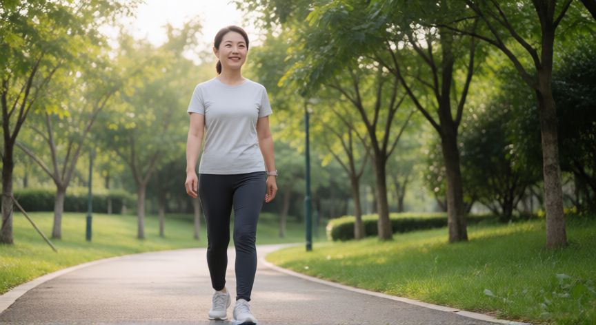 qué es mejor andar o la bicicleta estática, Mujer caminando por un parque soleado con ropa deportiva
