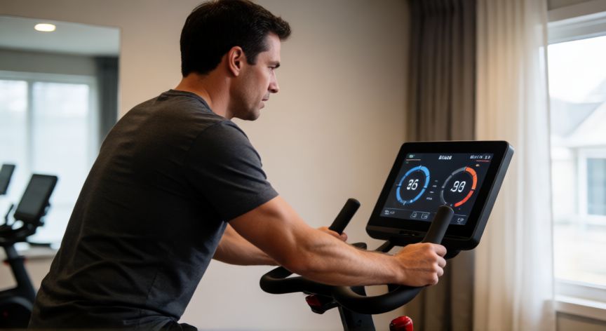 qué es mejor andar o la bicicleta estática, Hombre entrenando en una bicicleta estática con pantalla digital