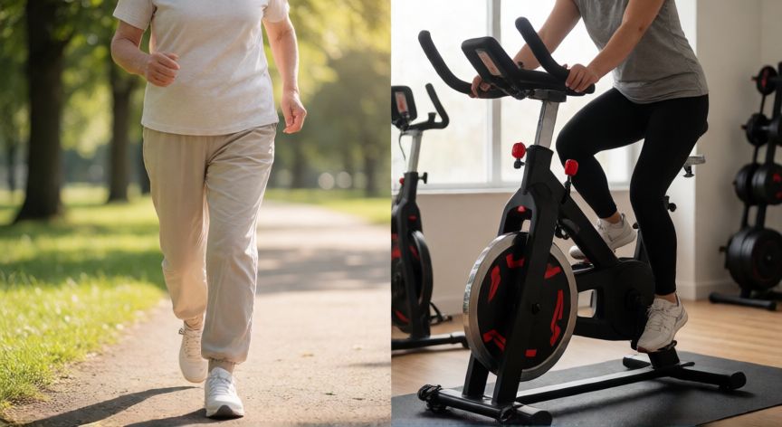 qué es mejor andar o montar en bicicleta estática, Comparación entre caminar al aire libre y usar bicicleta estática en casa
