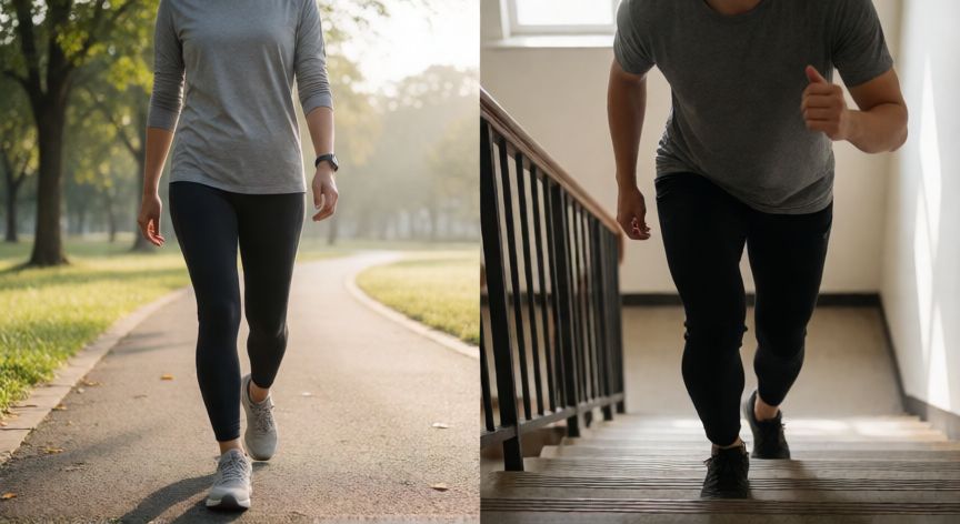qué es mejor andar o subir y bajar escaleras, Comparación visual entre caminar al aire libre y subir escaleras en un edificio moderno
