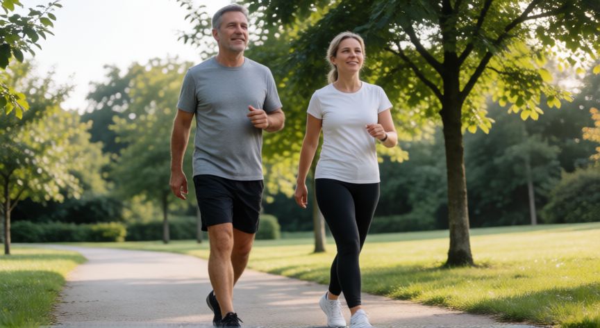 que es mejor andar o trotar, Hombres y mujeres caminando a paso ligero en un parque