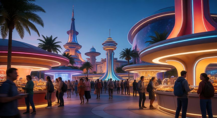 que es mejor animal kingdom o epcot, Zona internacional de Epcot con arquitectura futurista, mercados gastronómicos y ambiente nocturno elegante