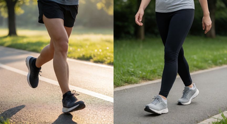 que es mejor correr 30 minutos o caminar 1 hora, Comparación entre correr y caminar mostrando diferencias de postura e impacto