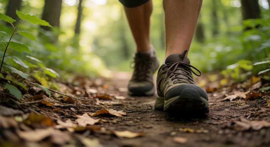 que es mejor correr 30 minutos o caminar 1 hora, Primer plano de zapatos caminando por un sendero natural